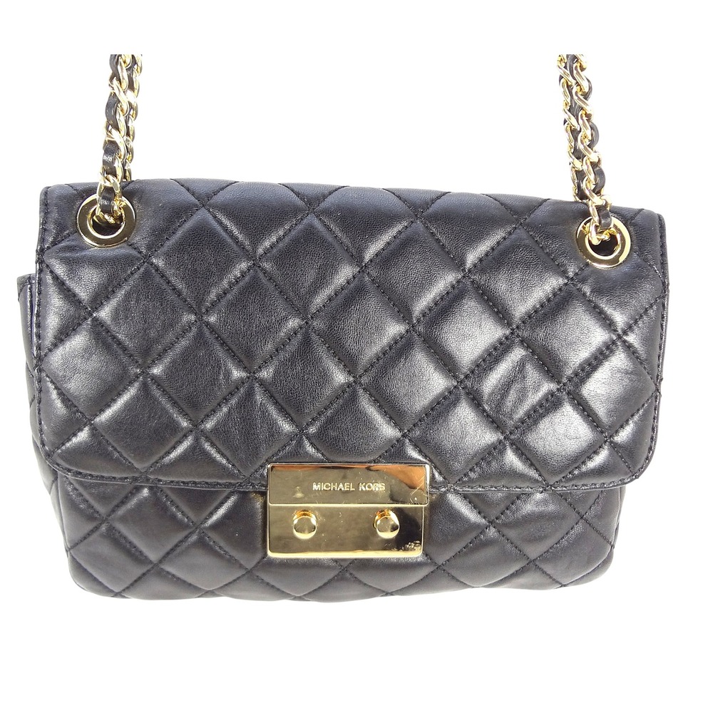 Michael Kors Sloan Black Quilted Lamb‎ Leather Shoulder Bag Crossbody Gold Chain